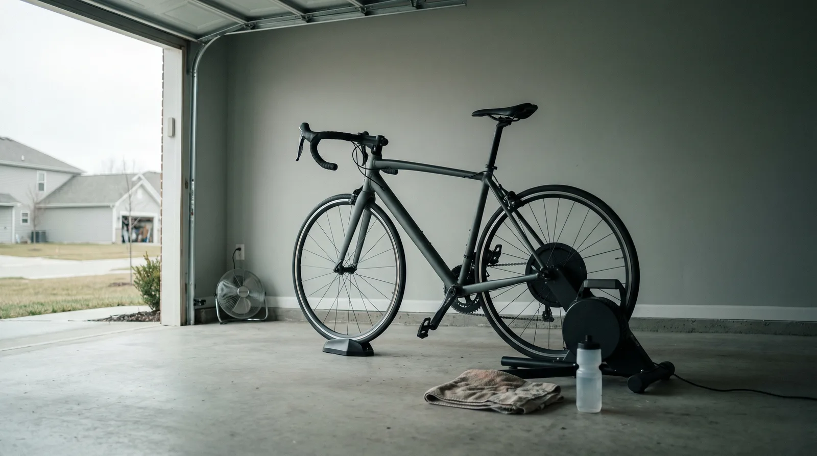 Bici da corsa grigia sui rulli in un garage di periferia, la ruota anteriore su un rialzo, la porta del garage aperta su una strada sotto un cielo coperto, con un ventilatore da terra spento, un asciugamano piegato e una borraccia sul cemento