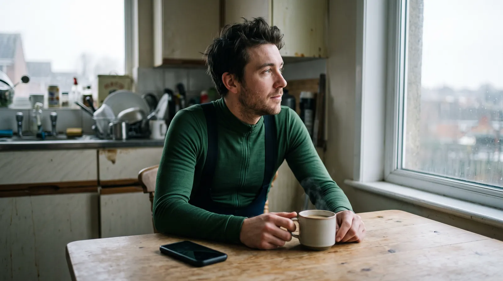 Radfahrer morgens am Küchentisch, das Telefon liegt umgedreht neben der Tasse, Blick aus dem Fenster