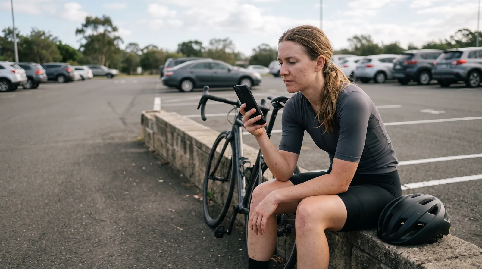 Cyclist sitting on a low wall after a ride, looking thoughtfully at a phone with a blank screen