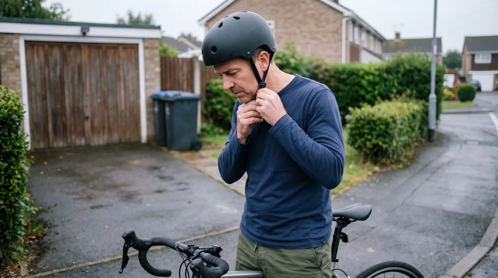 Man in his forties fastening his helmet beside a road bike in a suburban driveway on a grey morning