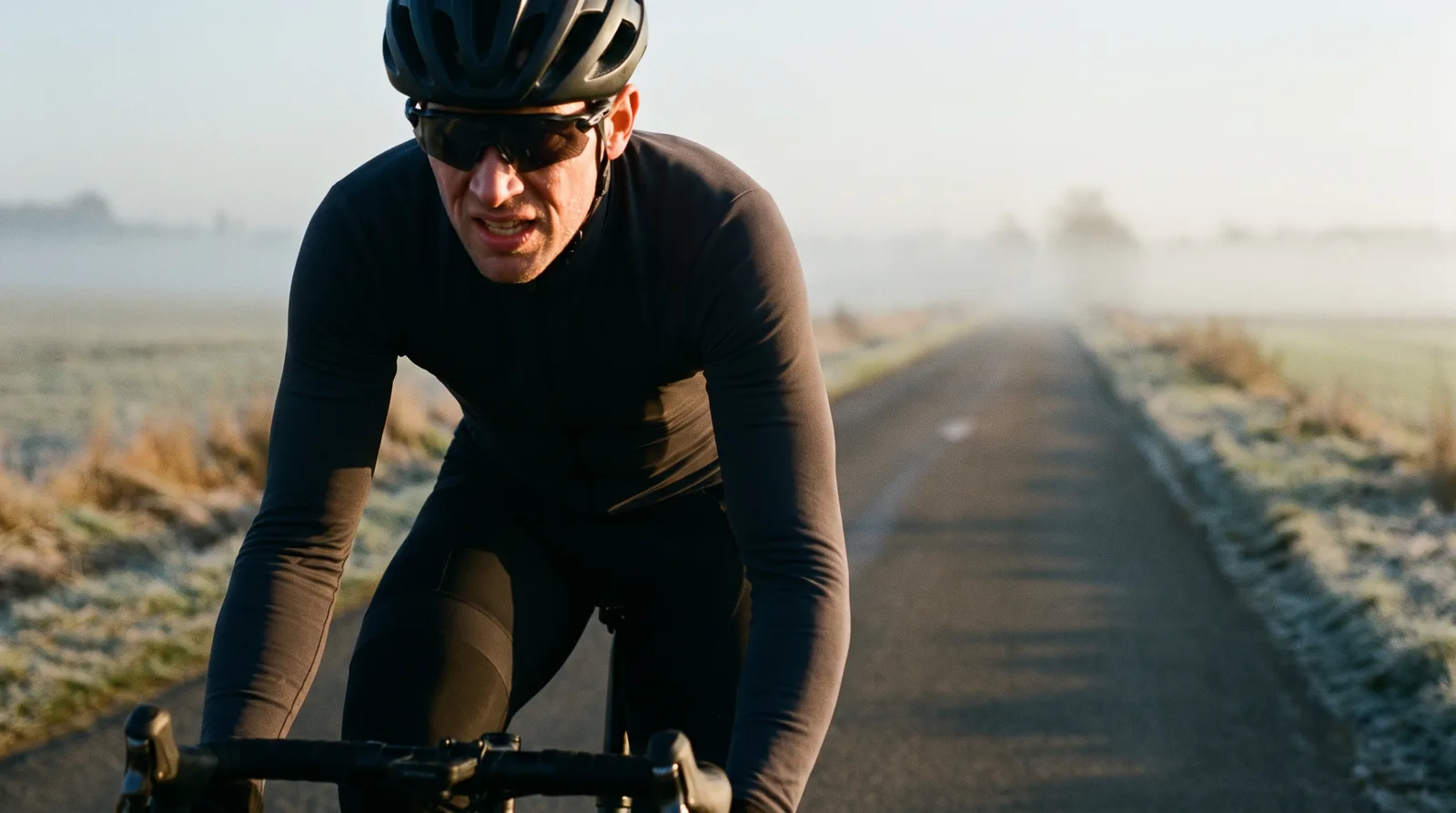 Radfahrer tief in einer harten Belastung auf leerer, überfrorener Straße im ersten Licht, Kopf tief, Kiefer angespannt, Nebel über den Feldern
