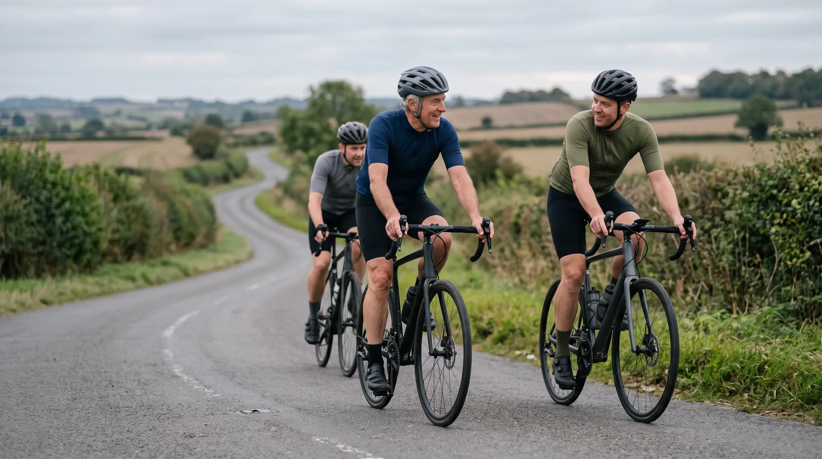 Three amateur road cyclists riding side by side at conversational pace on a quiet country road