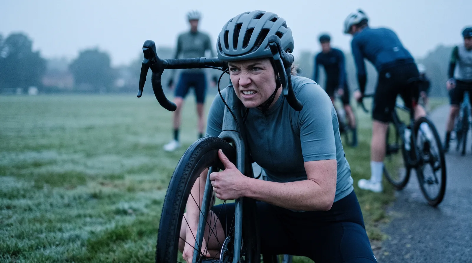 Esordiente nervosa che controlla la pressione delle gomme accanto alla bici prima della partenza in una mattina nebbiosa