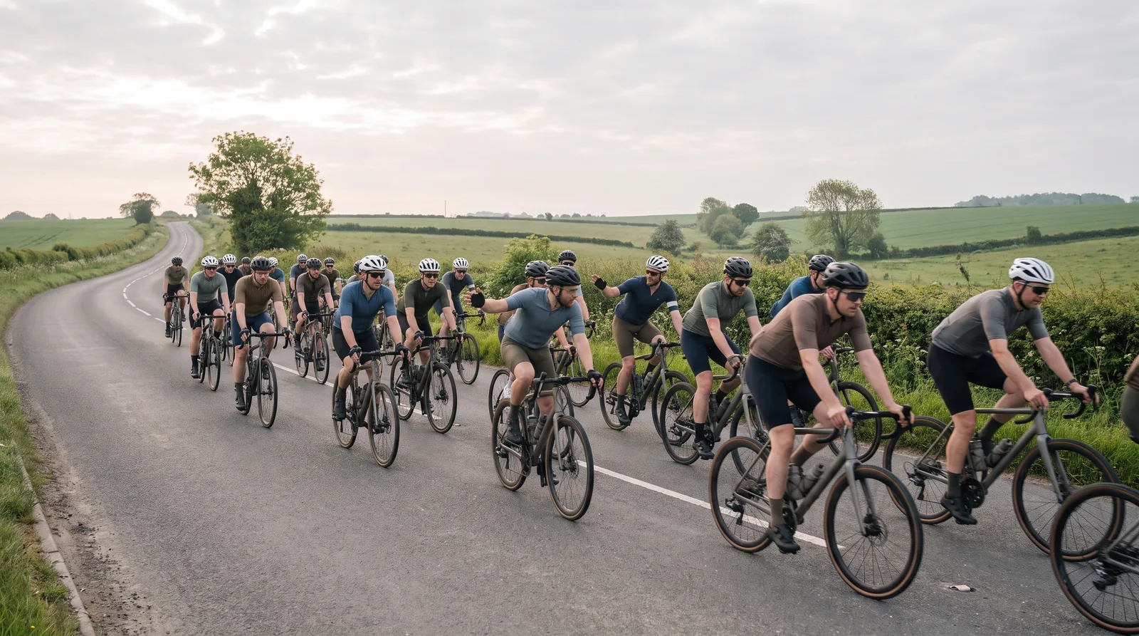 Grand groupe de cyclistes amateurs roulant ensemble sur une route de campagne lors d'une cyclosportive