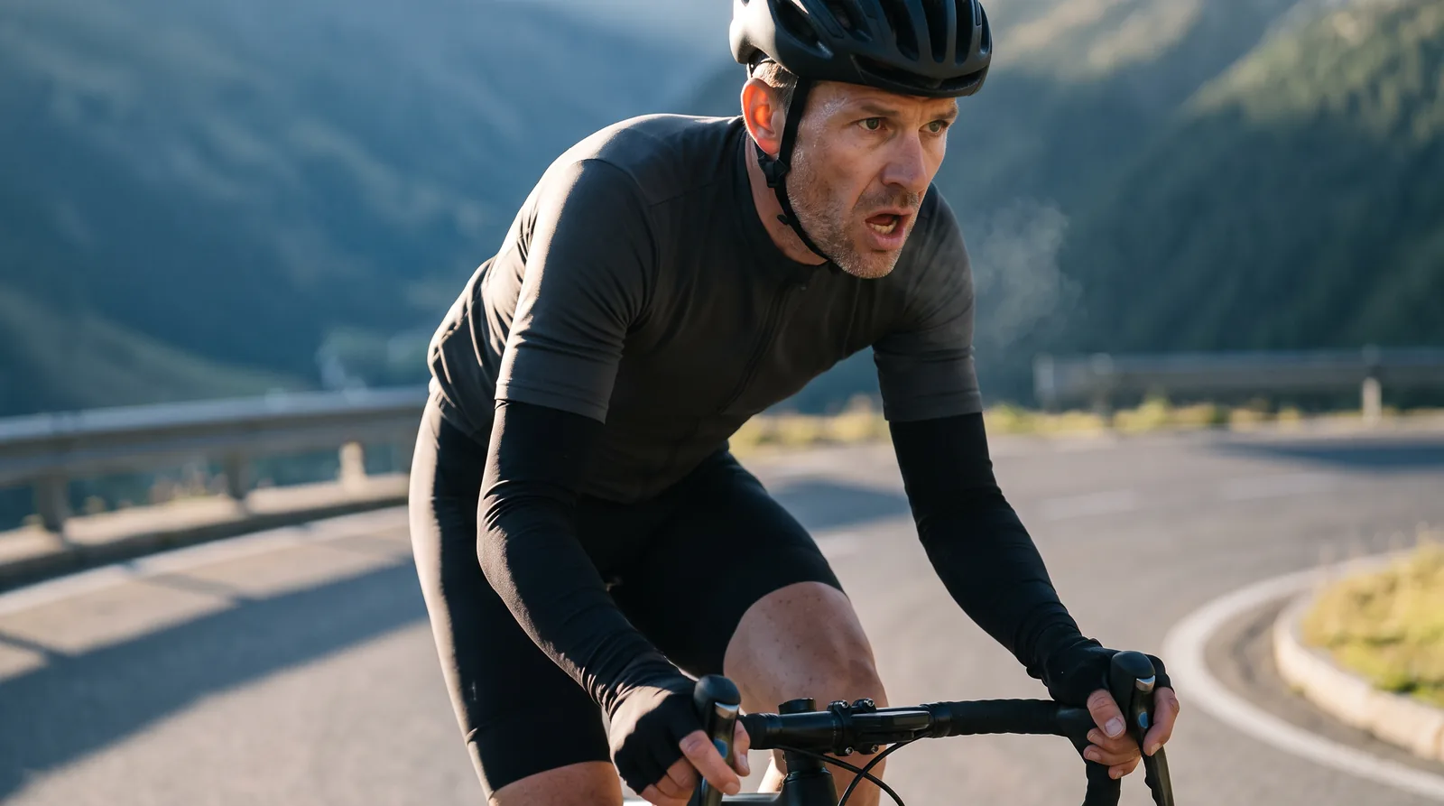 Male cyclist out of the saddle on a steep alpine hairpin at first light, breathing hard