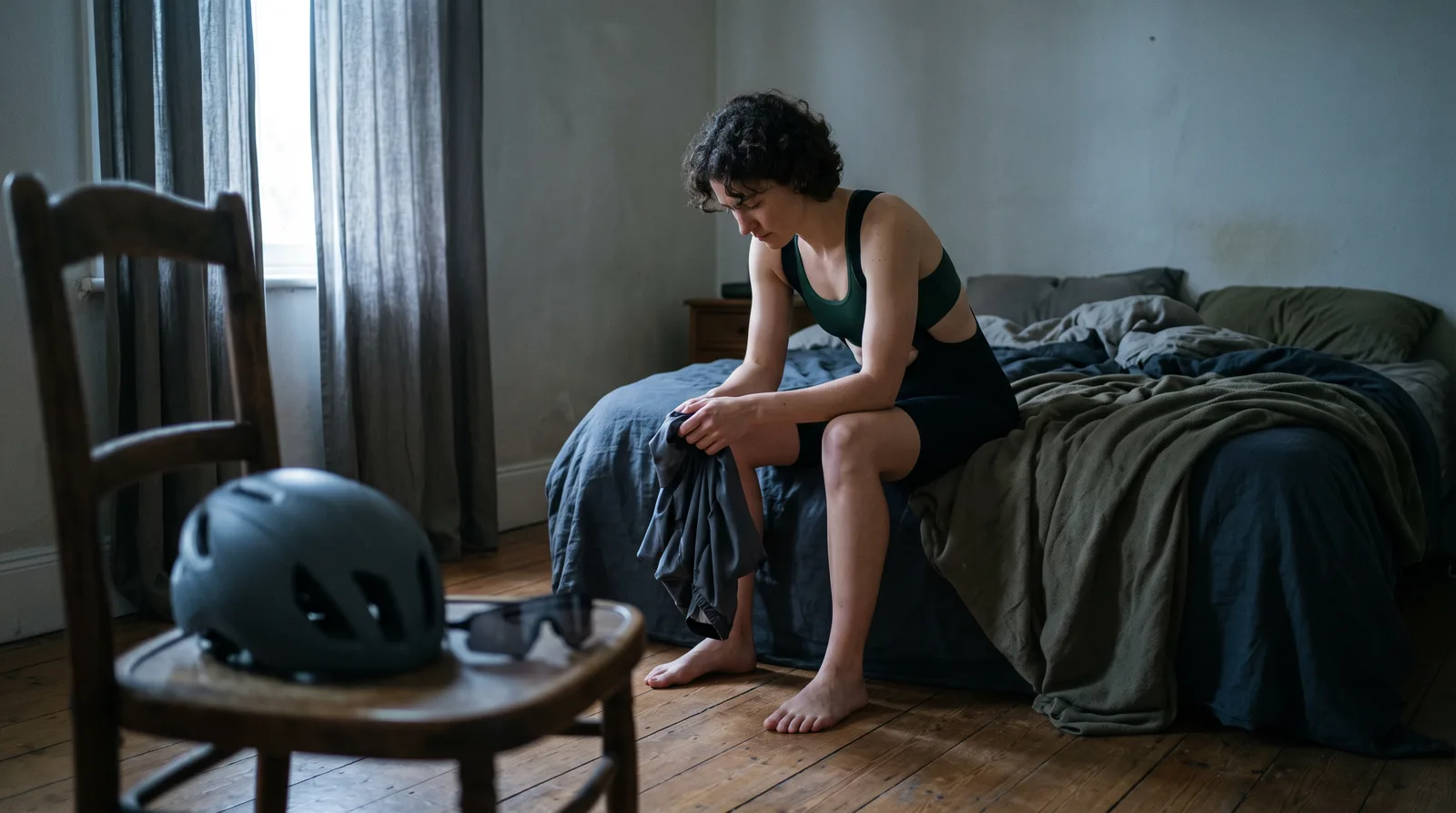 Cyclist sitting on the edge of a bed in early morning light, kit half on, deciding whether to ride