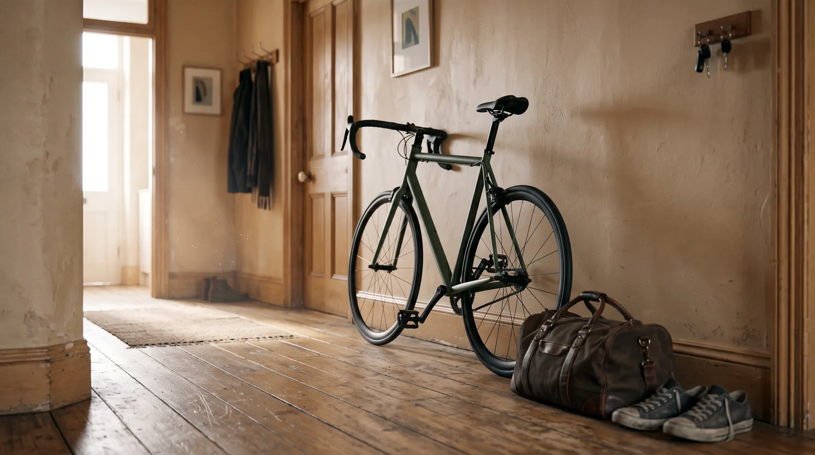 Road bike leaning against a hallway wall next to a packed bag, quiet morning light, nobody in the frame