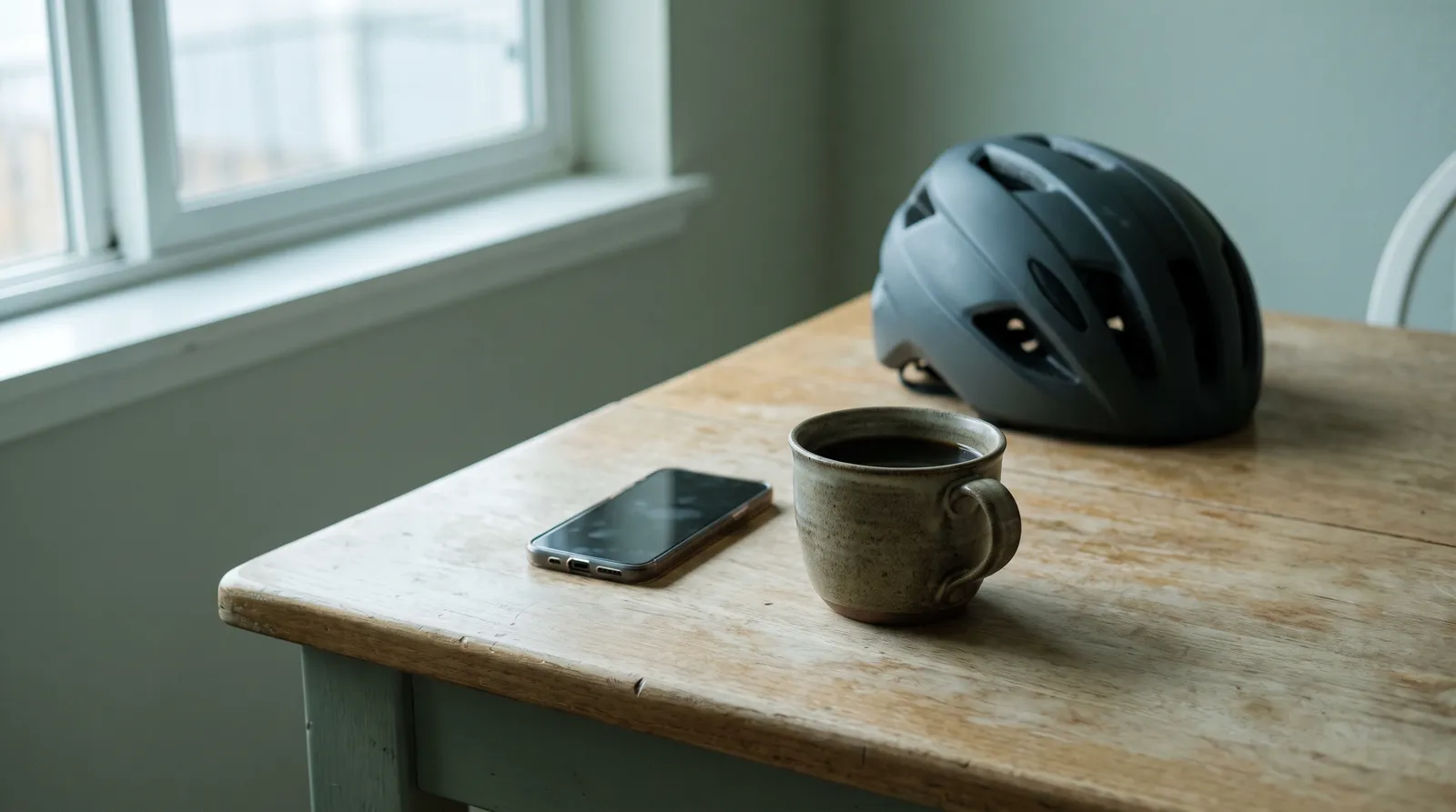 Worn wooden kitchen table by a window in flat morning light, with an unbranded matte grey bike helmet, a stoneware mug of black coffee and a phone lying screen-up and switched off