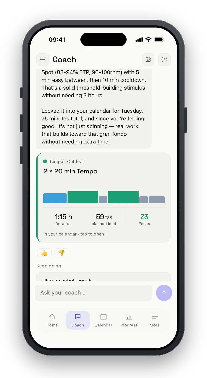 Peakfy coach chat showing the session the coach just created as a card inside the conversation: two 20-minute Tempo blocks with an interval profile, 1 hour 15 minutes, 59 TSS and a Z3 focus.
