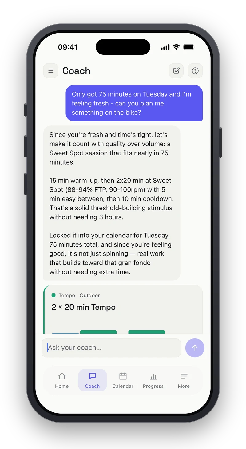 Peakfy coach chat: the rider asks for a session for a 75-minute window on Tuesday, and the coach replies with a Sweet Spot workout at 88 to 94 percent of FTP, explains why quality beats volume on a short day, and confirms it has been added to the calendar.