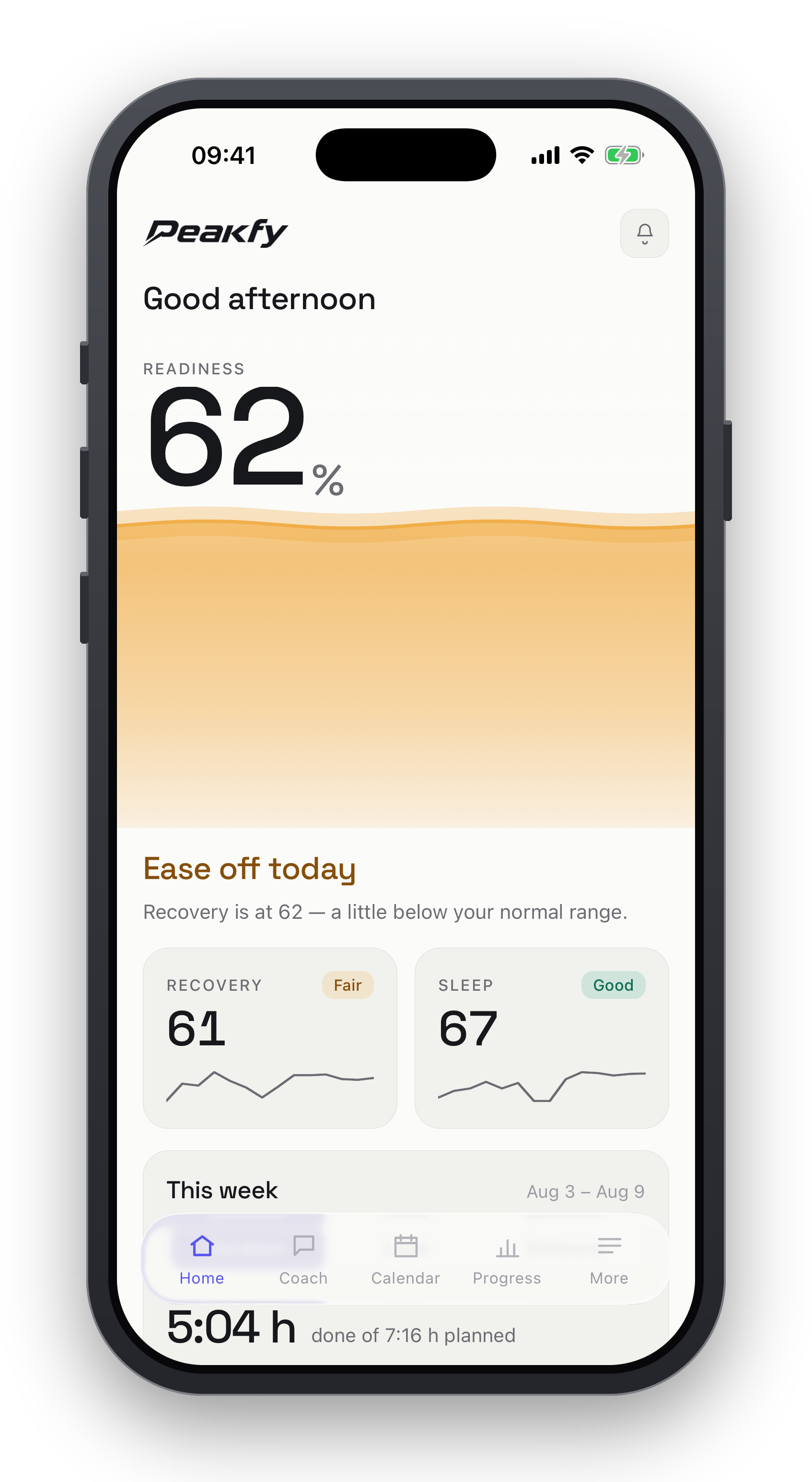 Peakfy readiness screen showing 62% over an amber gradient with an ease-off-today recommendation, plus recovery and sleep scores