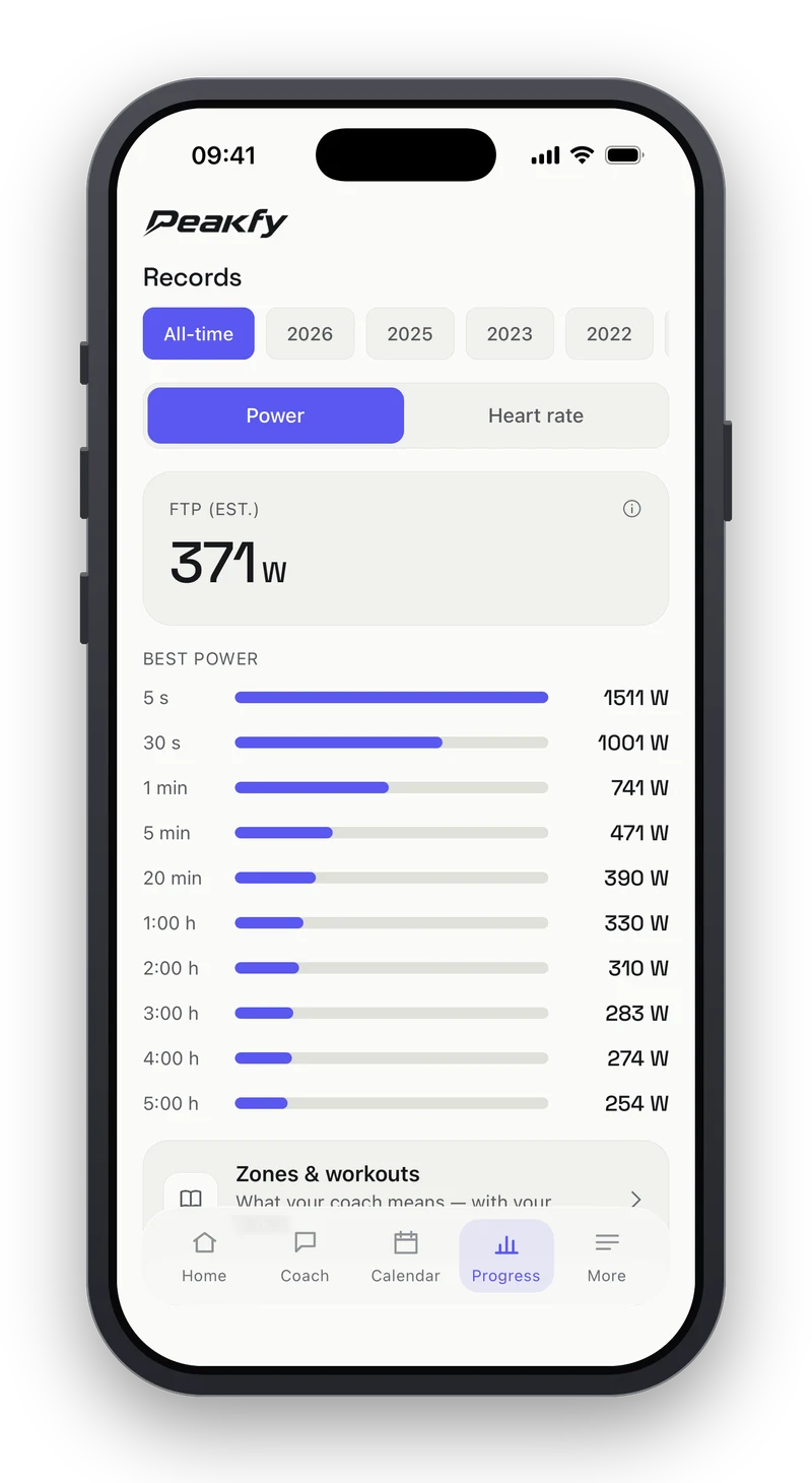 Peakfy records screen showing an estimated FTP of 371 watts and personal best power across ten durations, from 1511 watts for 5 seconds to 254 watts for 5 hours.