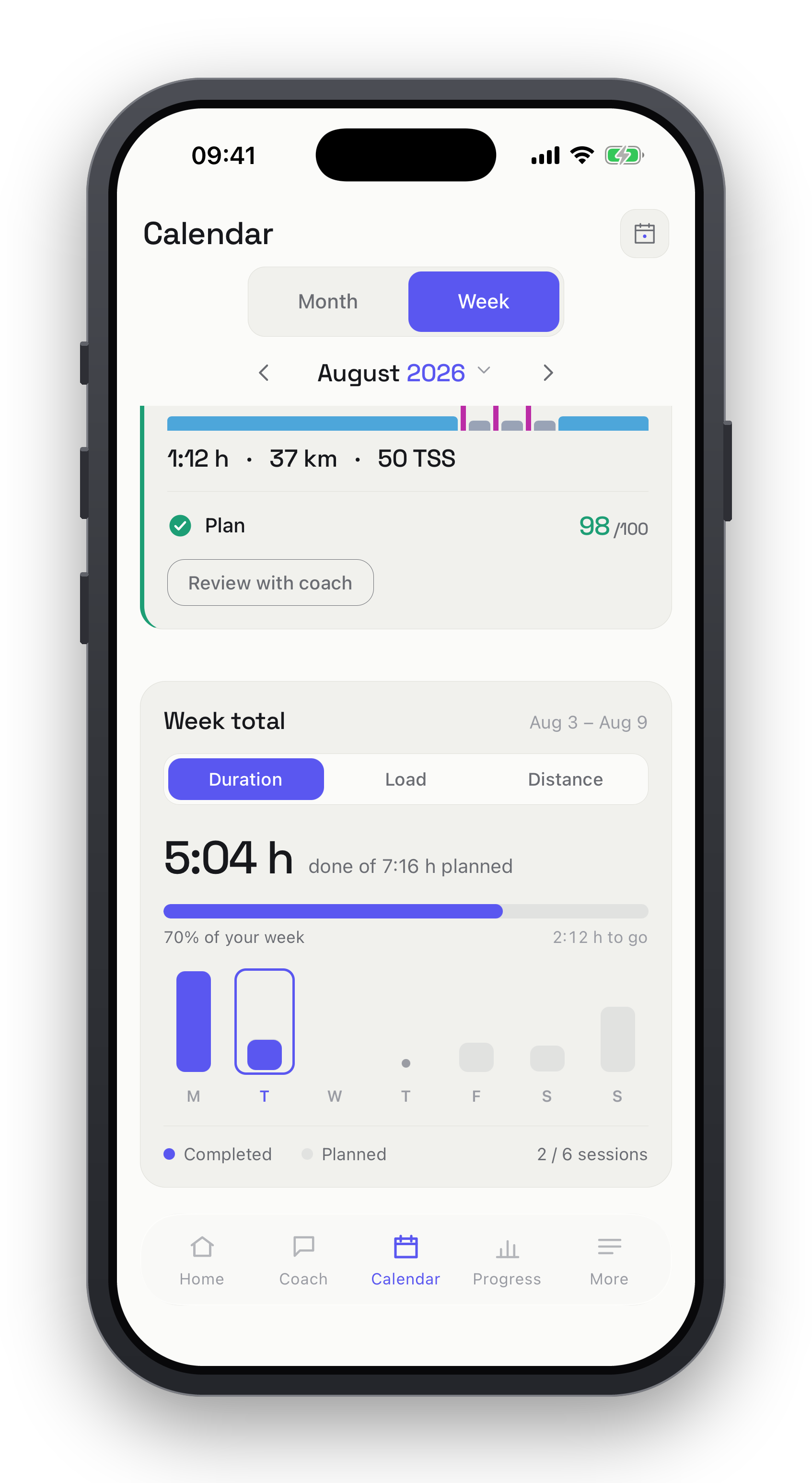 Peakfy completed session showing 98 out of 100 plan adherence, a green verification badge, and a review-with-coach option