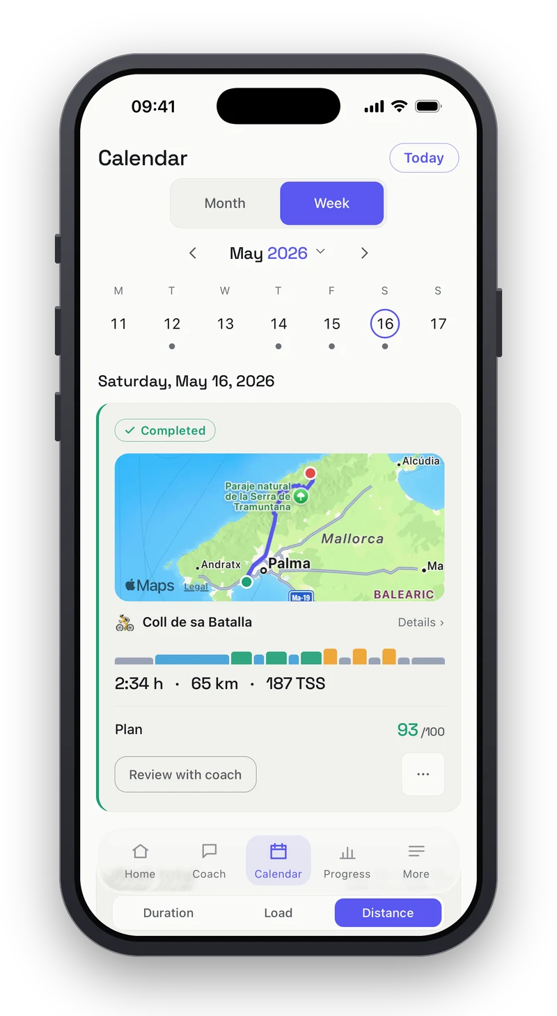 Peakfy completed session marked Completed with a green check: the Coll de sa Batalla ride on Mallorca shown on a route map, 2 hours 34 minutes, 65 kilometres and 187 TSS, with 93 out of 100 plan adherence and a Review with coach button.