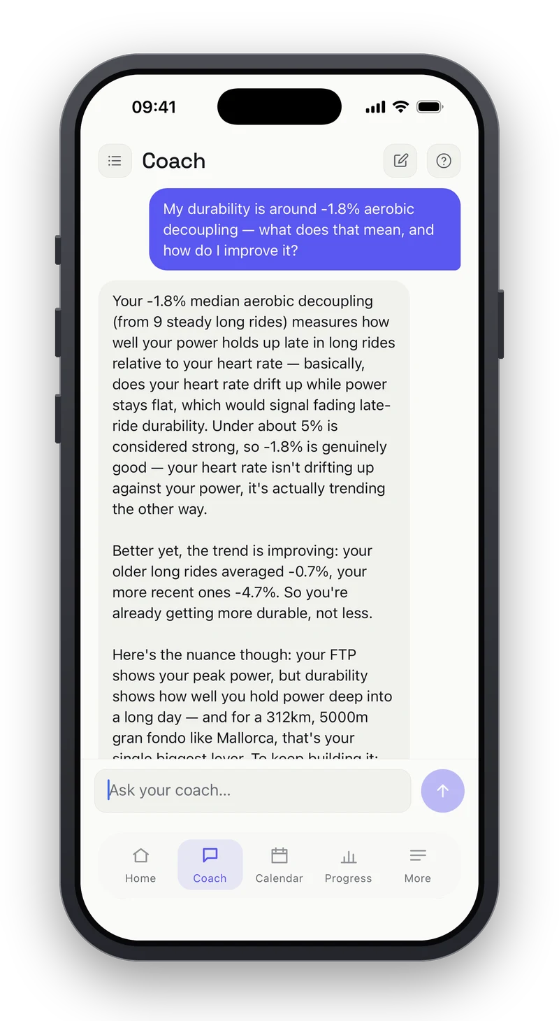 Peakfy coach chat explaining durability: the rider asks what minus 1.8 percent aerobic decoupling means, and the coach explains it measures how well power holds late in long rides, notes that under about 5 percent counts as strong, and shows the trend improving from minus 0.7 percent on older long rides to minus 4.7 percent on recent ones.